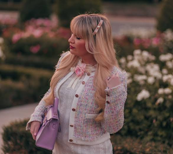 Tweed Jacket Styled Over a Sheer Ruffled Blouse Tweed Jacket Styled Over a Sheer Ruffled Blouse — Light Feminine Outfits