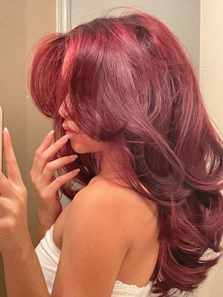 Shoulder Length Bright Cherry Red With Highlights — Cherry Red Hair