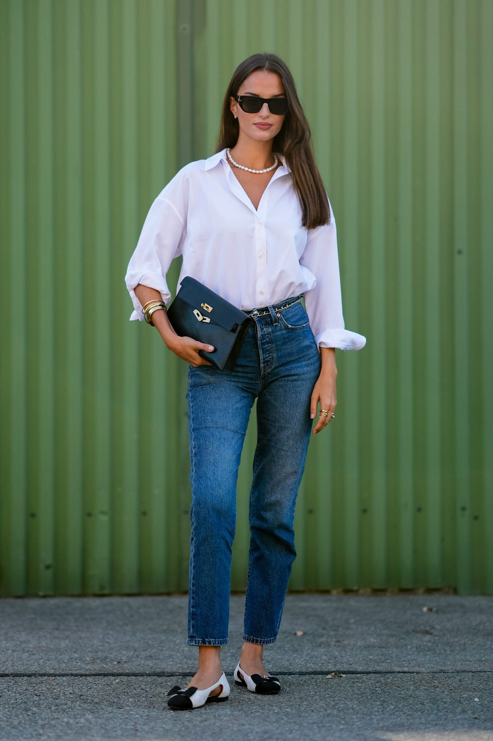 Denim Cotton Leather White Button-Down and Two-Tone Ballet Flats with Straight-Leg Jeans — Ballet Flats with Jeans Outfits