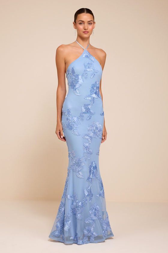 Light Blue Halter Neck Gown with Floral Embroidery Light Blue Halter Neck Gown with Floral Embroidery — Sorority Formal Dresses