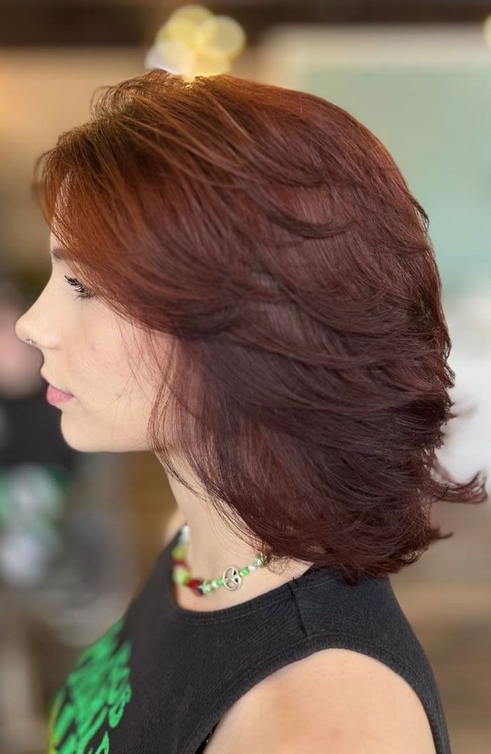 Reddish Brown Collarbone Layers Reddish Brown Collarbone Layers — Feathered Hair