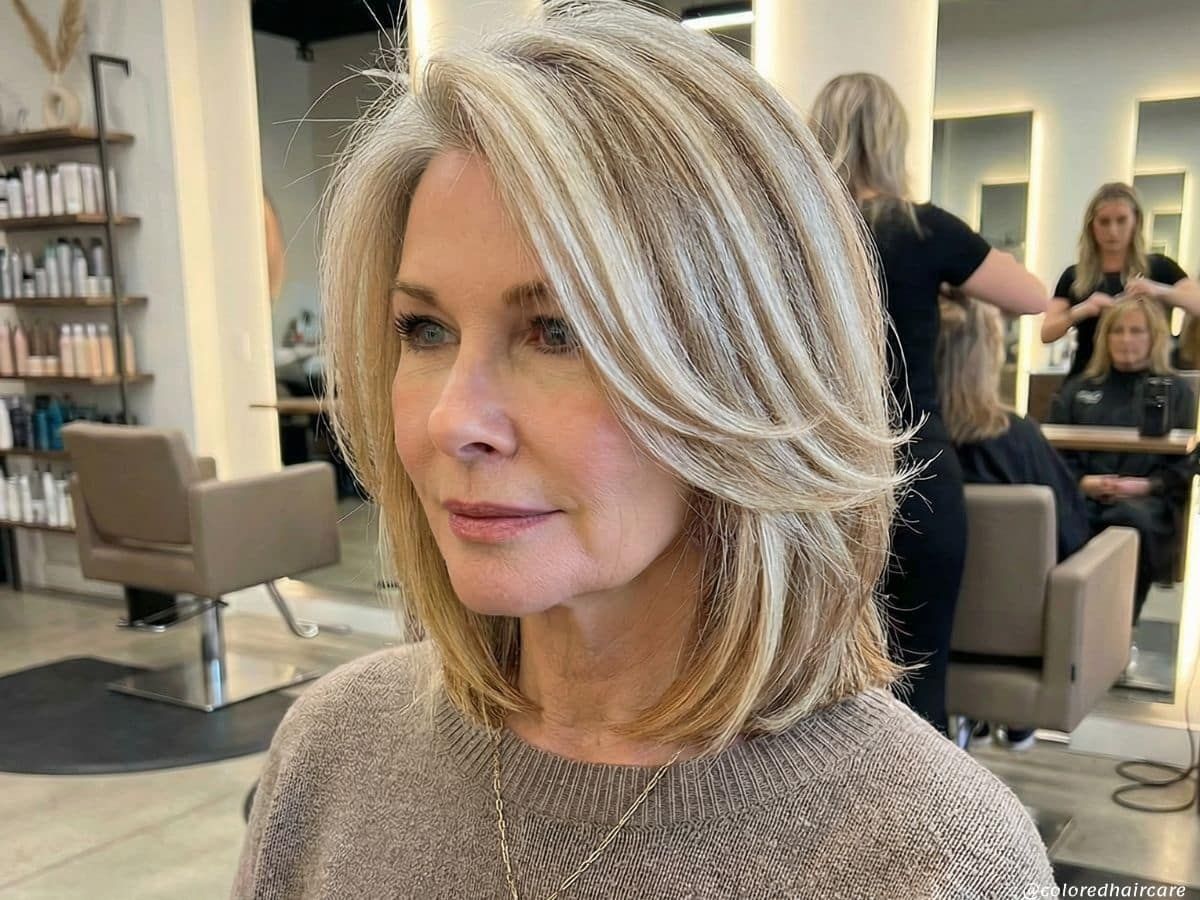 Honey Blonde Lob With Caramel Highlights Honey Blonde Lob With Caramel Highlights — Hair Color for Women Over 60