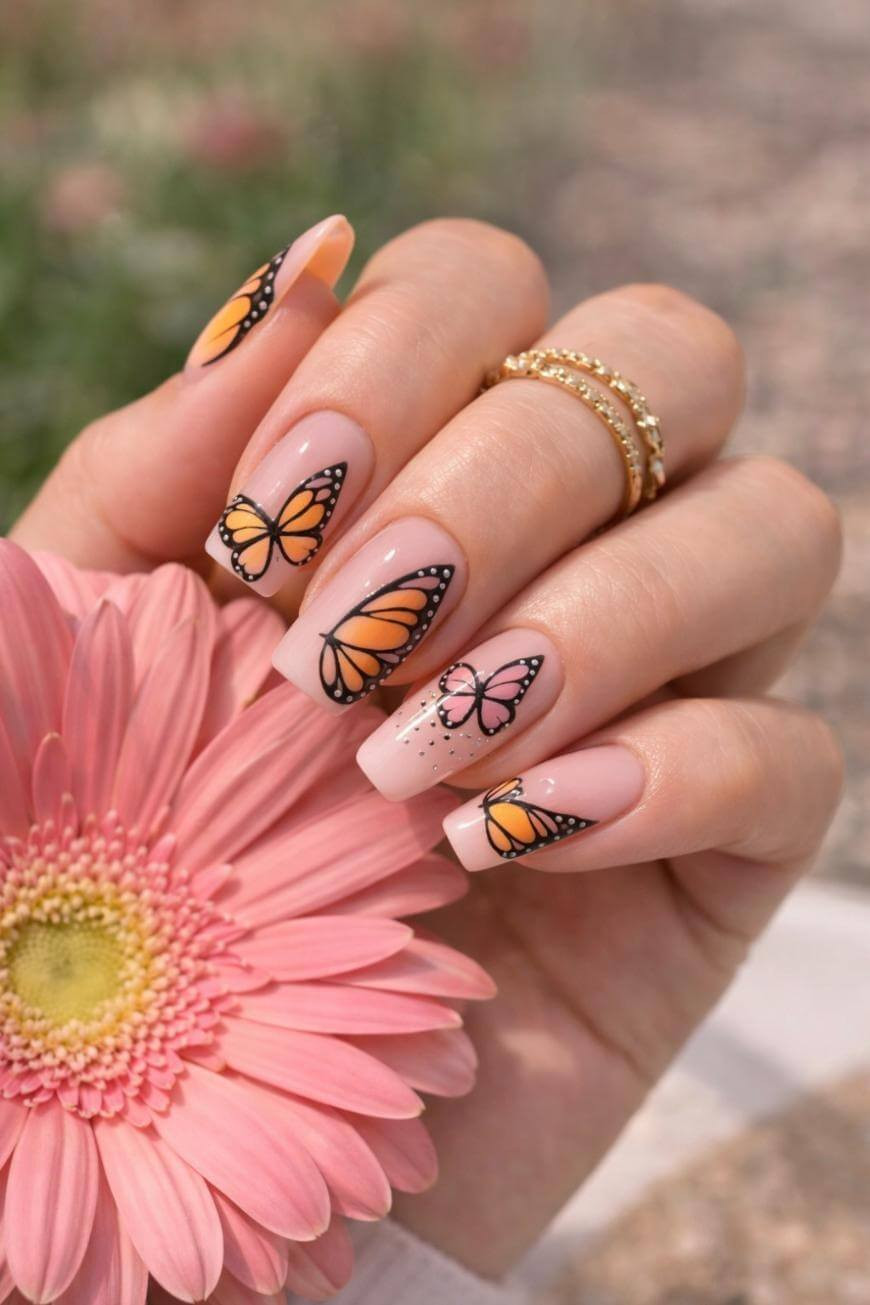 Sheer Nude Orange Pink Butterfly Wing Square Sheer Nude Orange Pink Butterfly Wing Square — Butterfly Nails