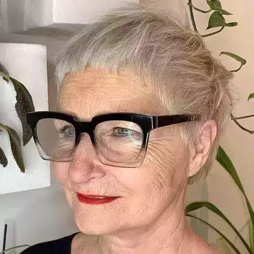 Choppy Pixie Grey With Blonde — Haircuts for Women Over 70 with Glasses