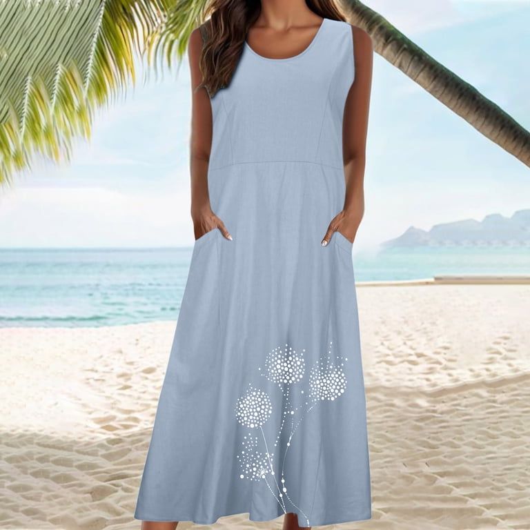 Light Blue Dandelion Print Maxi Dress for Beach Light Blue Dandelion Print Maxi Dress for Beach — Dresses for Women Over 60
