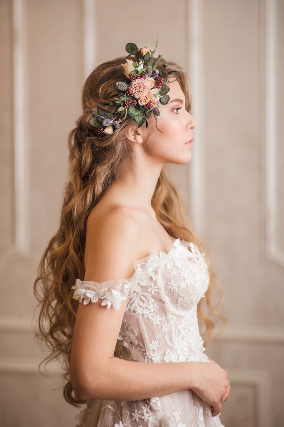 Half-Up Half-Down with Braided Floral Accent — Wedding Hairstyles with Flowers