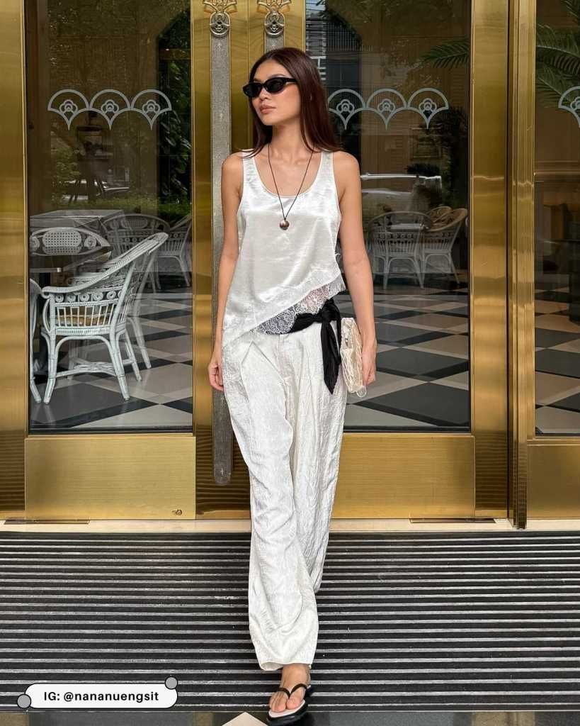 Navy Satin Button-Up Blouse with Wide-Leg Trousers — Satin Top Outfits