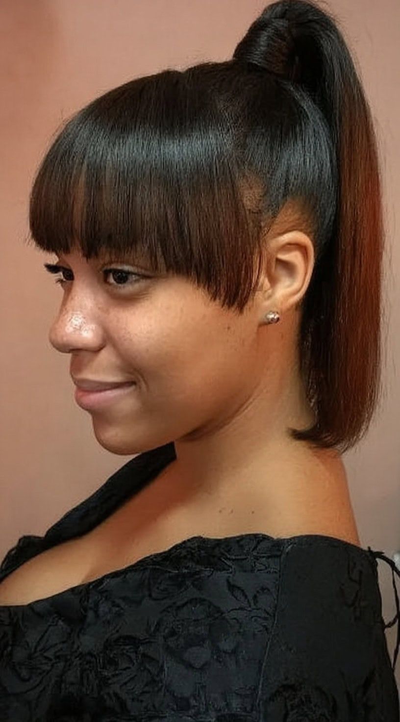 Mid-Back Dark Brown Ponytail with Blunt Bangs — Ponytail with Bangs