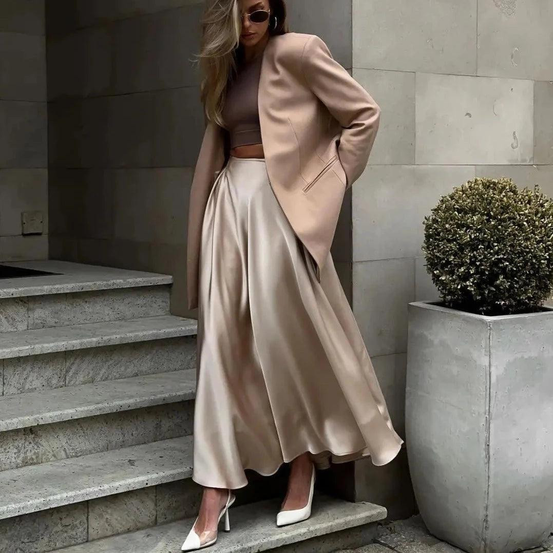 Champagne Satin Maxi Skirt with Blazer for Chic Day-to-Night Champagne Satin Maxi Skirt with Blazer for Chic Day-to-Night — Satin Skirts