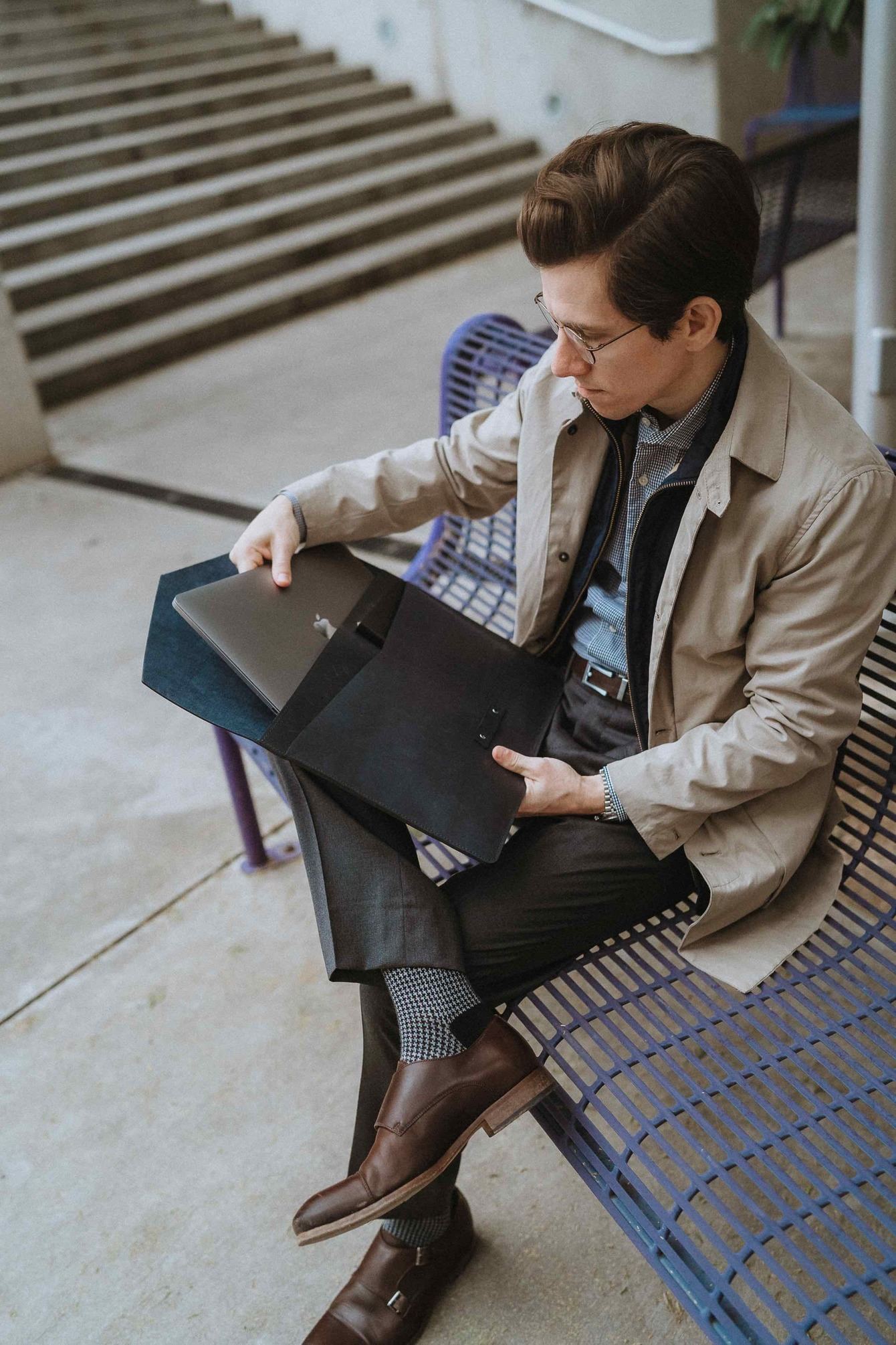 Layered Trench Coat with Vest and Patterned Shirt Layered Trench Coat with Vest and Patterned Shirt — Mens Business Casual Outfits