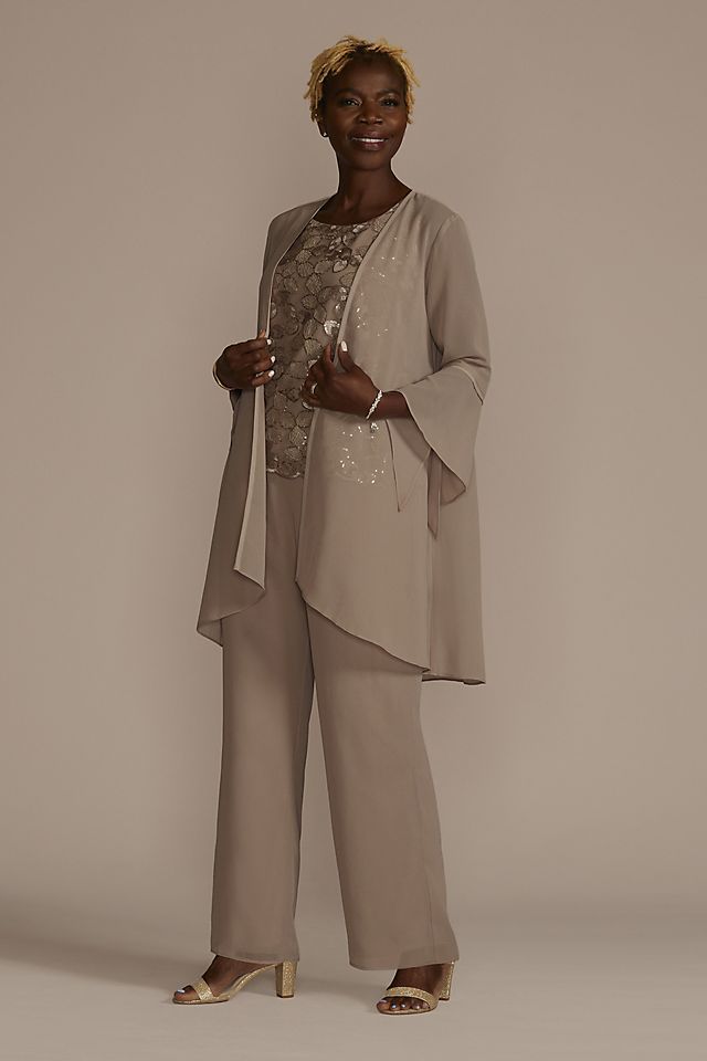 Taupe Pantsuit with Embellished Top and Sheer Jacket — Grandmother of the Bride Outfits