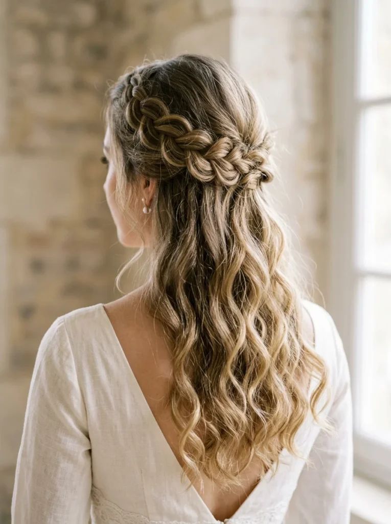 Crown Braid With Flowing Loose Waves — Boho Braided Wedding Hair