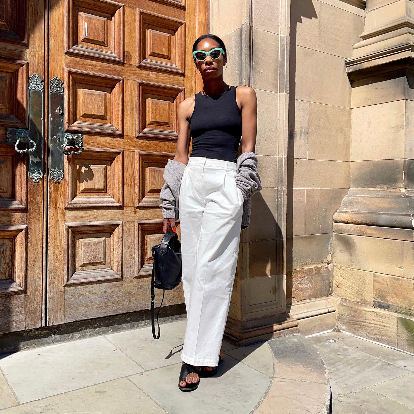 Effortless Neutrals: White Trousers with Draped Cardigan — It Girl Outfits