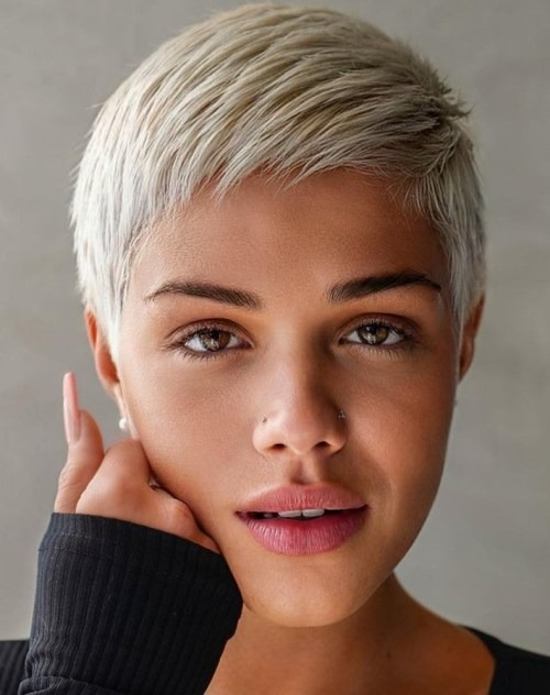 Ear Platinum Blonde Pixie With Textured Bangs Ear Platinum Blonde Pixie With Textured Bangs — Bangs for Thin Hair