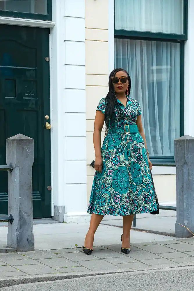 Casual Daytime Event Fit-and-Flare Midi Dress with Paisley Print and Belt — African Print Dresses