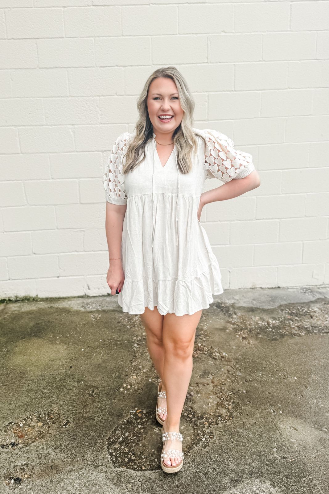 Off-White Mini Dress with Lace Puff Sleeves and Pearl Sandals Off-White Mini Dress with Lace Puff Sleeves and Pearl Sandals — Church Dresses