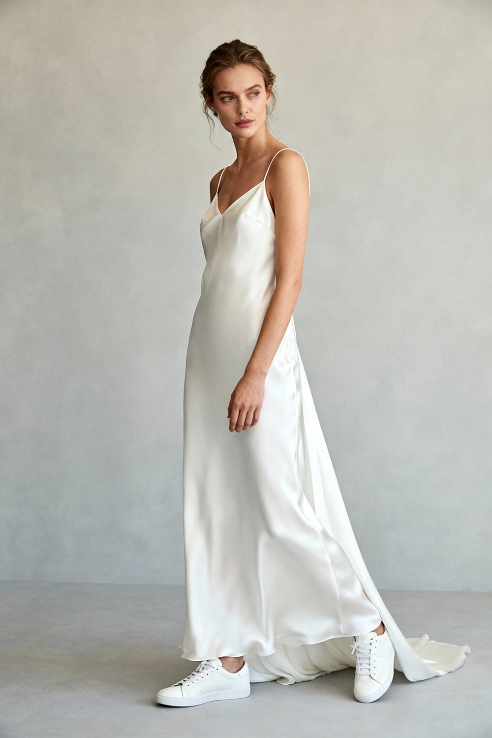 Minimalist White Satin Slip Dress and Sneakers — Sneakers with Dress Outfits