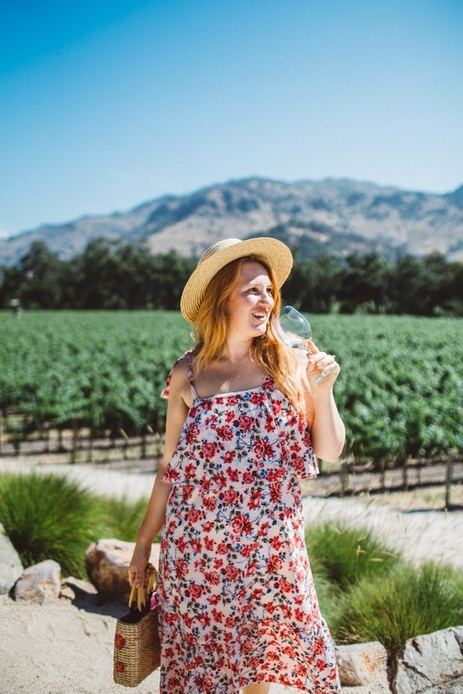 Tiered Floral Sundress with Straw Accessories for a Summer Winery Day — Winery Outfits