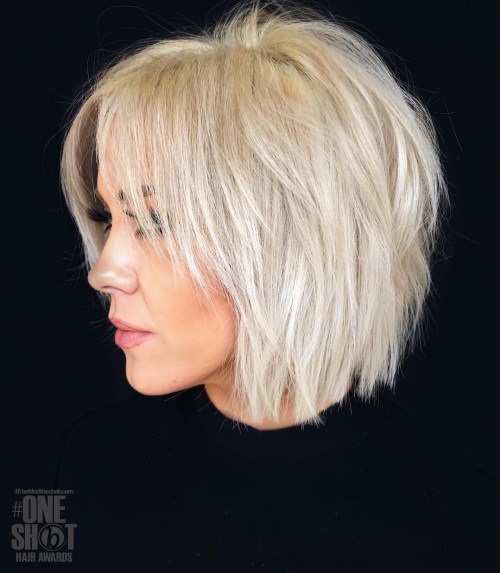 Ash Blonde Chin Bob With Bangs — Choppy Layers