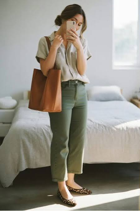 Cropped Khaki Pants with Collared Shirt and Leopard Flats — Student Teacher Outfits