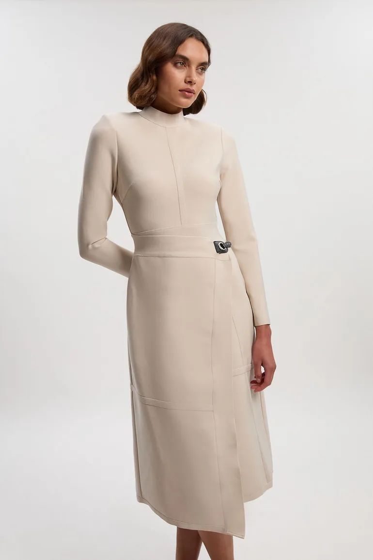 Mock Neck Wrap Midi Dress with Buckle Detail for Work — Dresses for Short Women