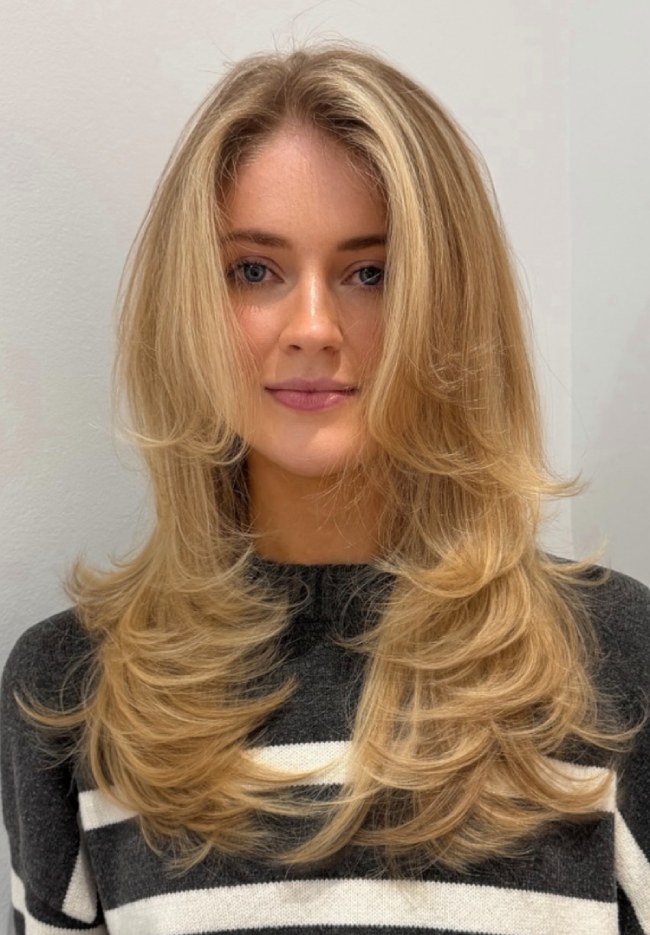 Mid-Back Visual Idea — Long Layered Hair with Curtain Bangs