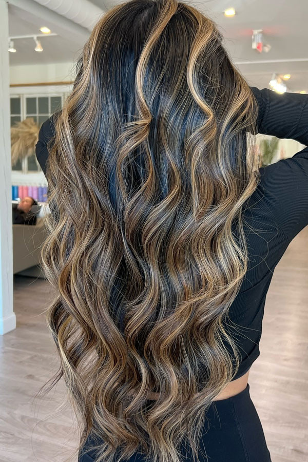 Dark Brown With Blonde and Caramel Waves Dark Brown With Blonde and Caramel Waves — Highlights