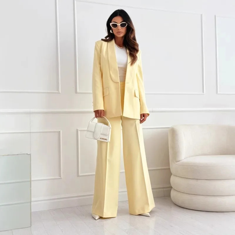White Top Pale Yellow Suit Outfit Idea — Business Formal Outfits