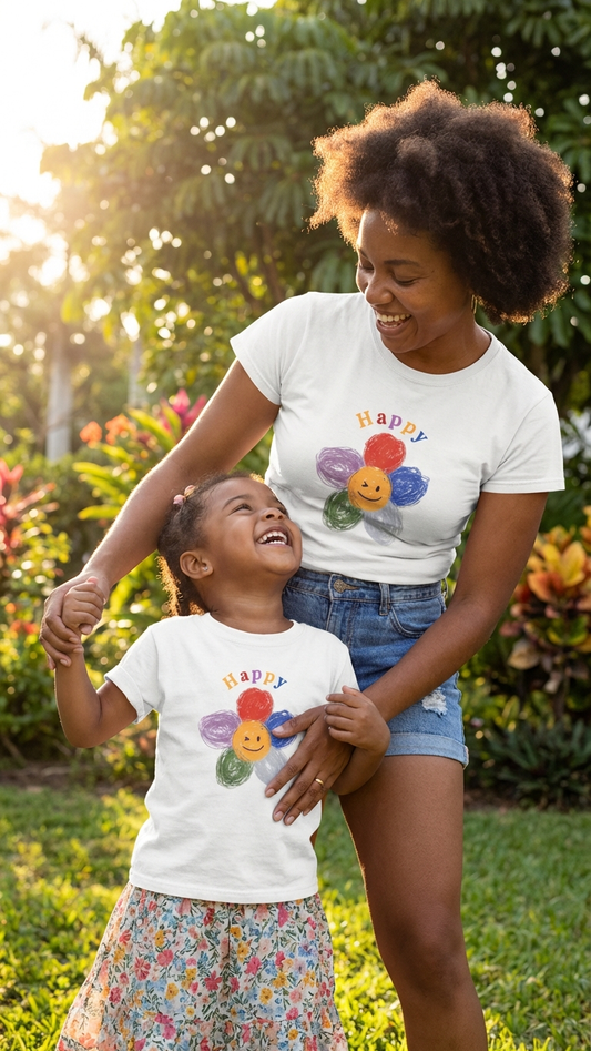 Happy Flowers: Casual Graphic Tee and Denim Family Style — Matching Family Outfits