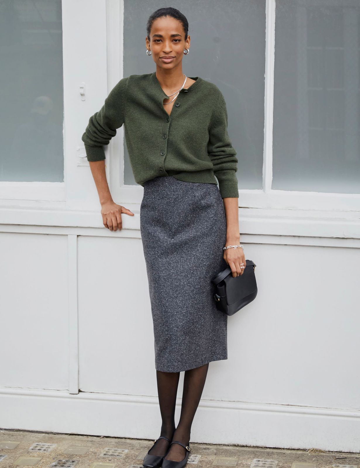 Grey Tweed-Like Pencil Skirt with Green Cardigan — Pencil Skirt Outfits