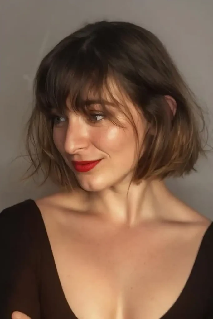 Black Top and Bob with French Bangs, Enhanced by Red Lips Black Top and Bob with French Bangs, Enhanced by Red Lips