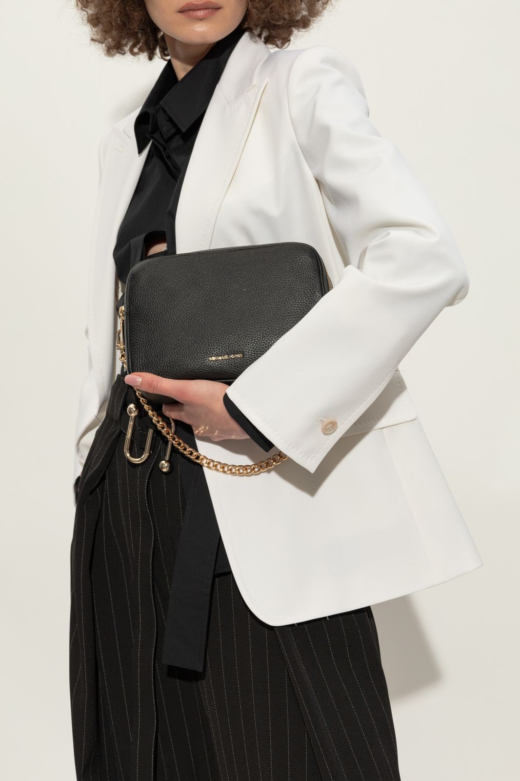 Pinstripe Trousers and Blazer with Chain-Detail Shoulder Bag — Michael Kors Bag Outfits