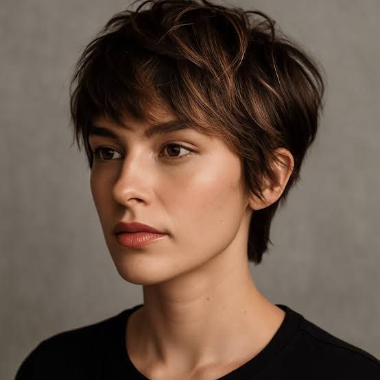 Ear Dark Brown Piecey Wavy Pixie — Short Haircuts
