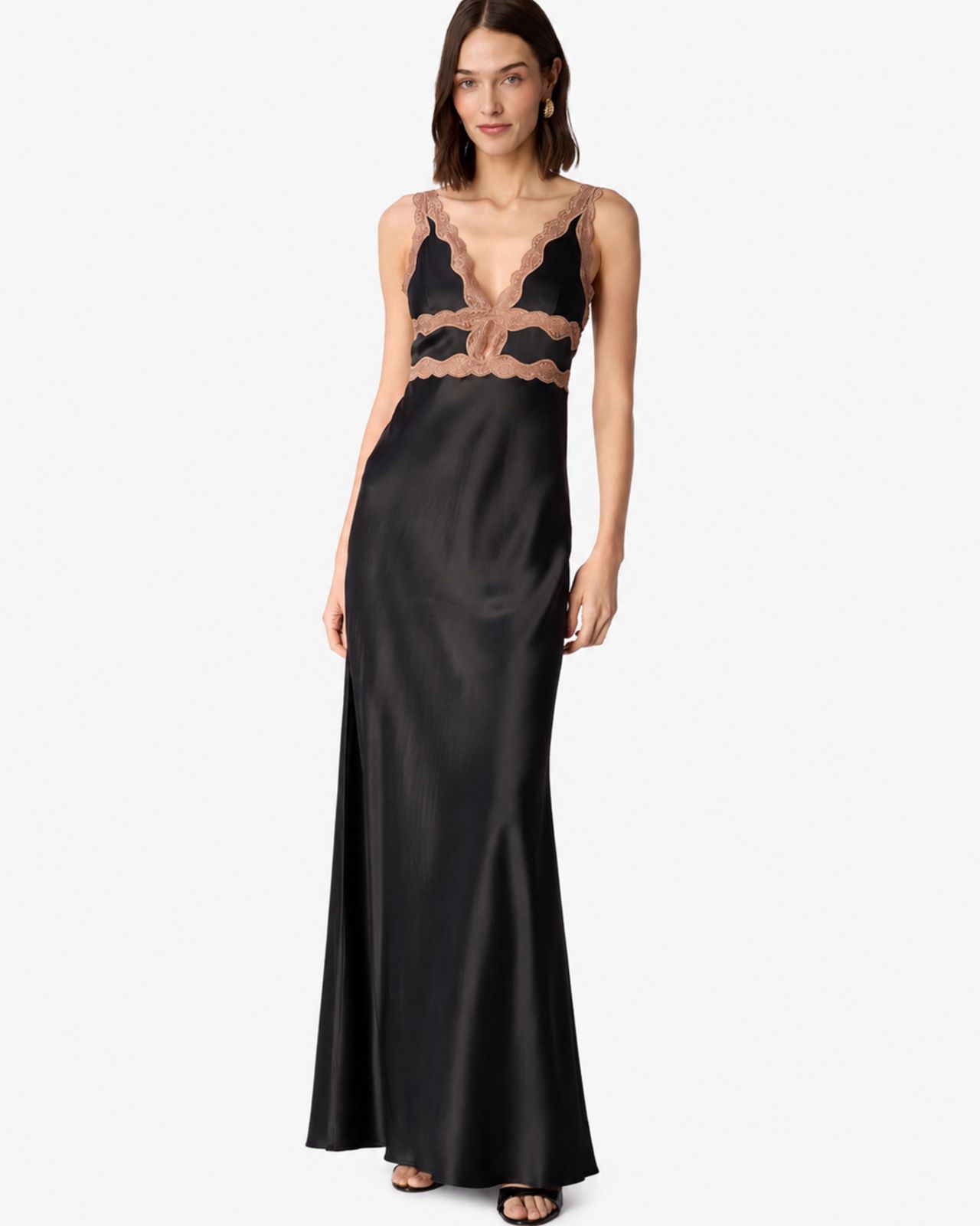 Black Satin Long Slip Dress: Elegant Lace Accent Black Satin Long Slip Dress: Elegant Lace Accent — Date Night Dresses