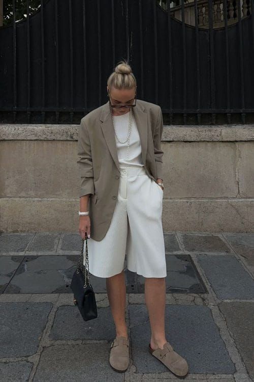 Chic Casual: Taupe Clogs with Wide-Leg Shorts and Blazer Chic Casual: Taupe Clogs with Wide-Leg Shorts and Blazer — Birkenstock Boston Outfits