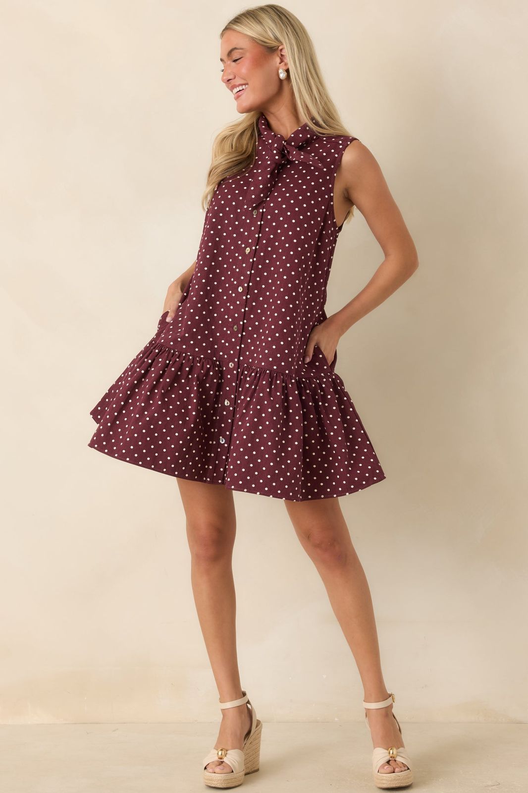 Maroon Polka Dot Collared Dress with Ruffled Hem and Pockets — Rush Dresses