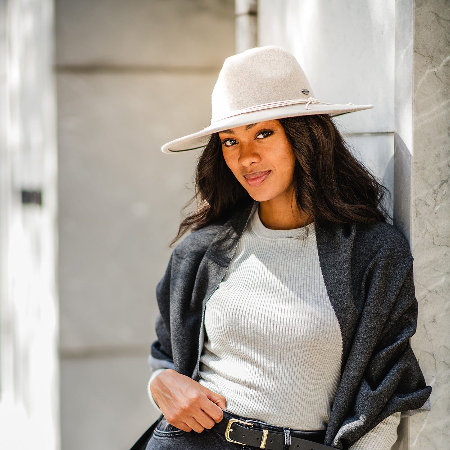 Neutral Sophistication: Beige Fedora with Grey Cardigan and Sweater — Fedora Outfits Women