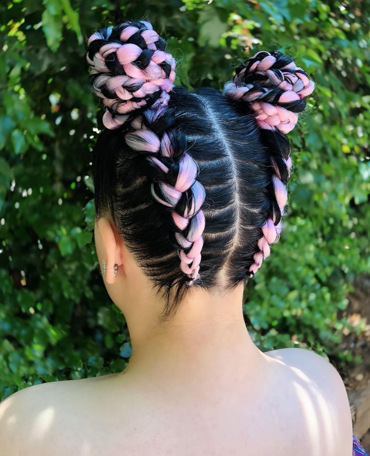 Black Hair With Pink and Blue Highlights Black Hair With Pink and Blue Highlights — Space Buns