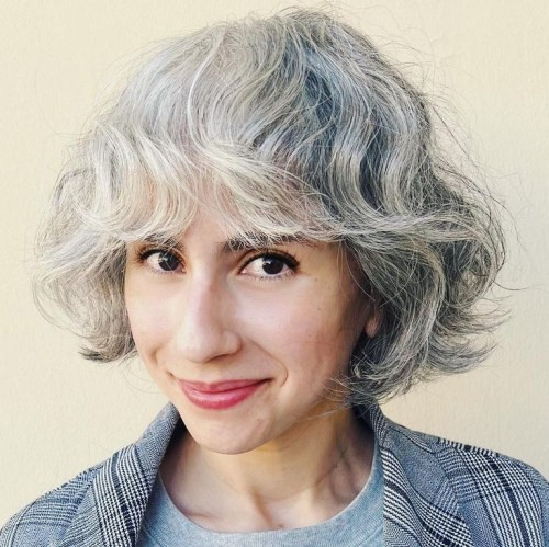 Tousled Shaggy Bob With Choppy Bangs — Gray Hair with Bangs