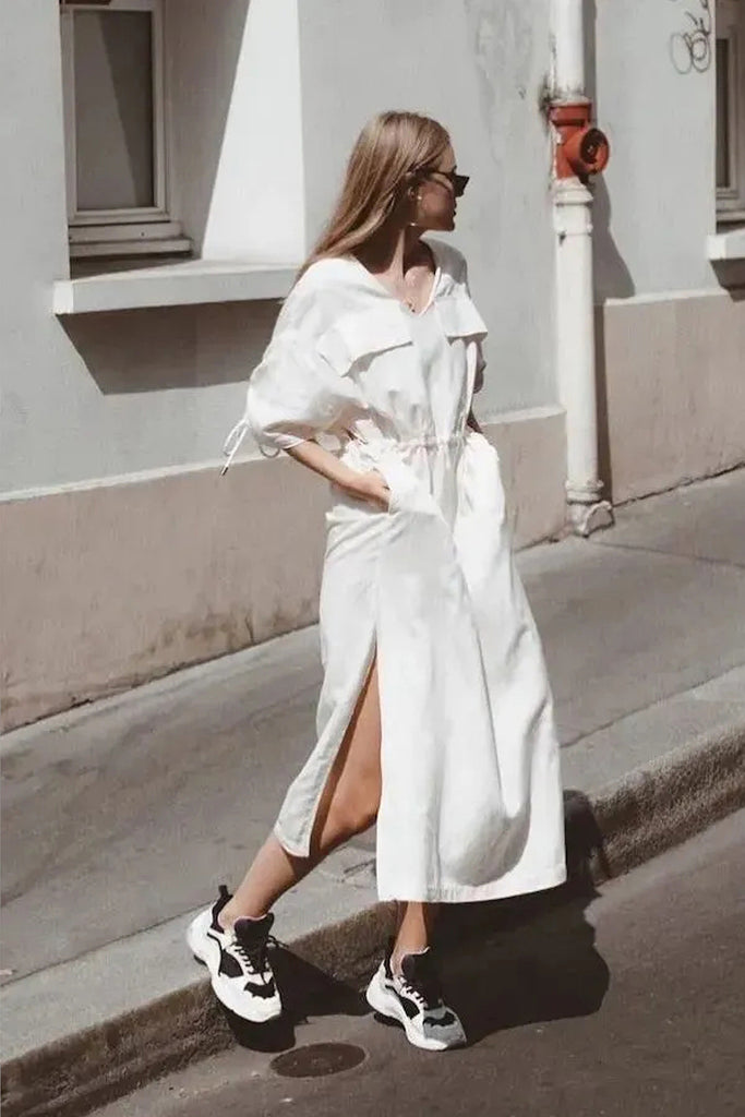 Collared Dress with Slit and Chunky Sneakers Collared Dress with Slit and Chunky Sneakers — Chunky Sneakers Outfits