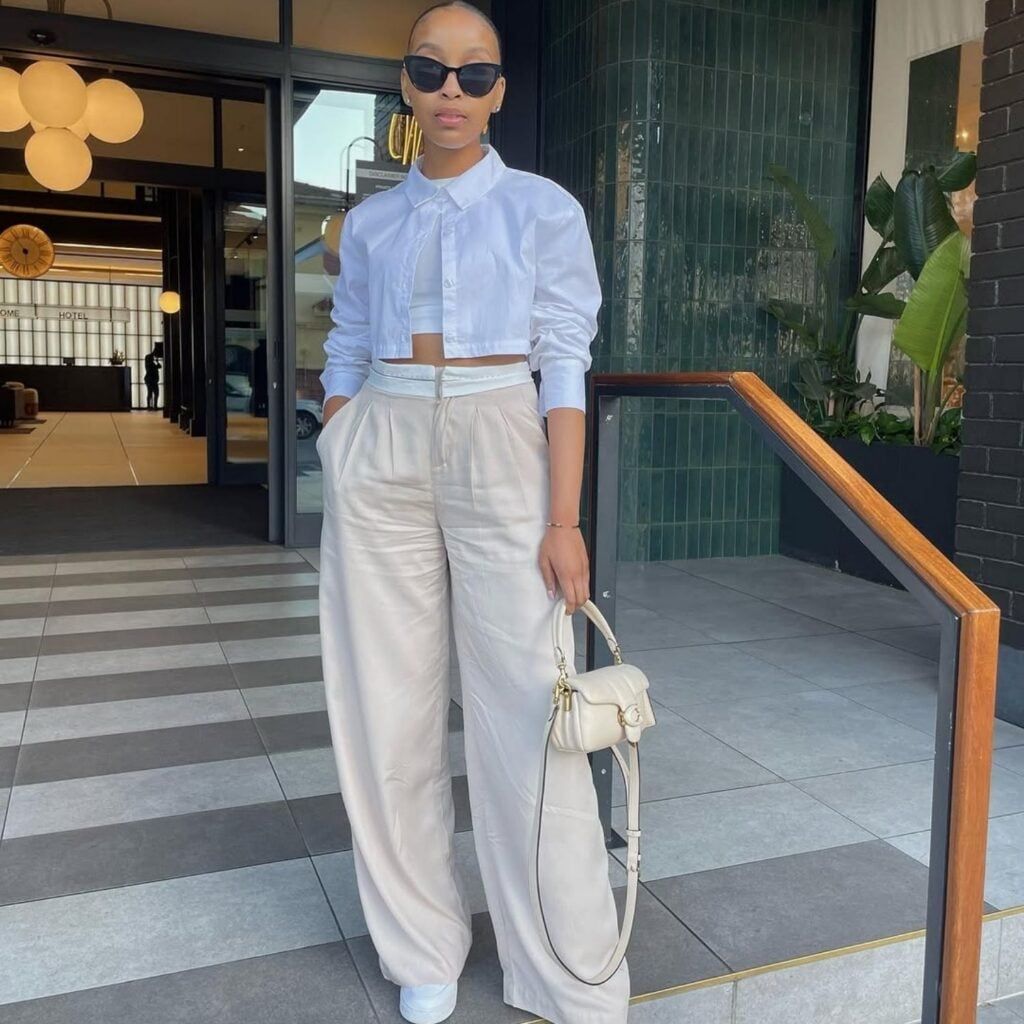 Layered Crop Tops with High-Waisted Linen Trousers — Outfits for Long Torso