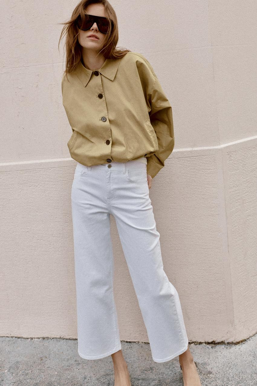 Grey Wide-Leg Jeans with Khaki Jacket and Tan Flats — High Waisted Jeans