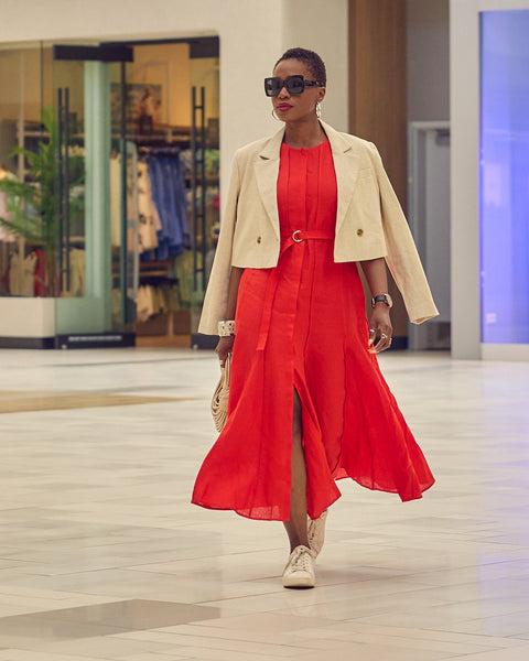 Red Linen Midi Dress with Beige Cropped Jacket for Day Events — Red Outfits