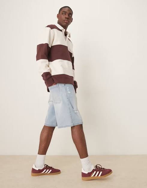 Distressed Denim Shorts and Striped Polo: Y2K Casual Mix Distressed Denim Shorts and Striped Polo: Y2K Casual Mix — Y2K Outfits for Men