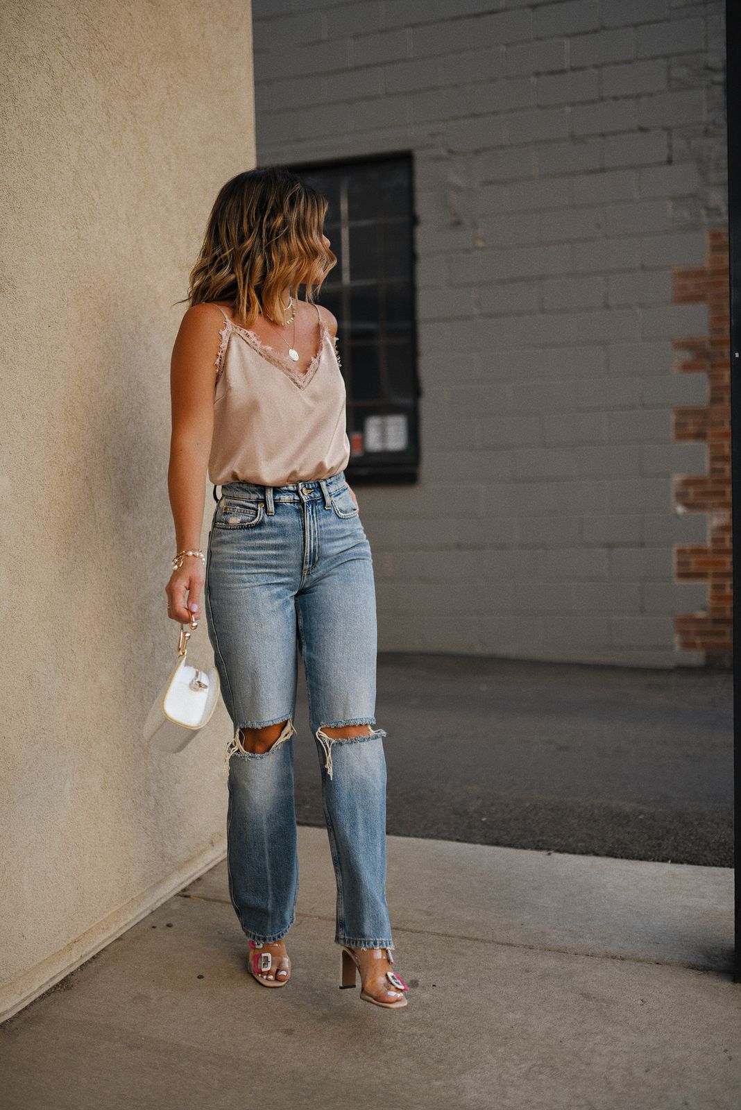 Ripped Boyfriend Jeans with Lace Camisole and Clear Heels Ripped Boyfriend Jeans with Lace Camisole and Clear Heels — Boyfriend Jeans Outfits