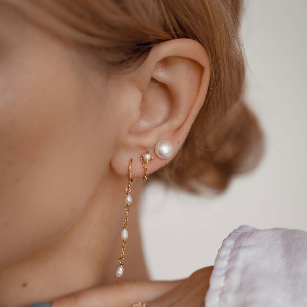Layered Pearl Stud and Gold Hoop with Pearl Chain Layered Pearl Stud and Gold Hoop with Pearl Chain — Pearl Earrings Outfits