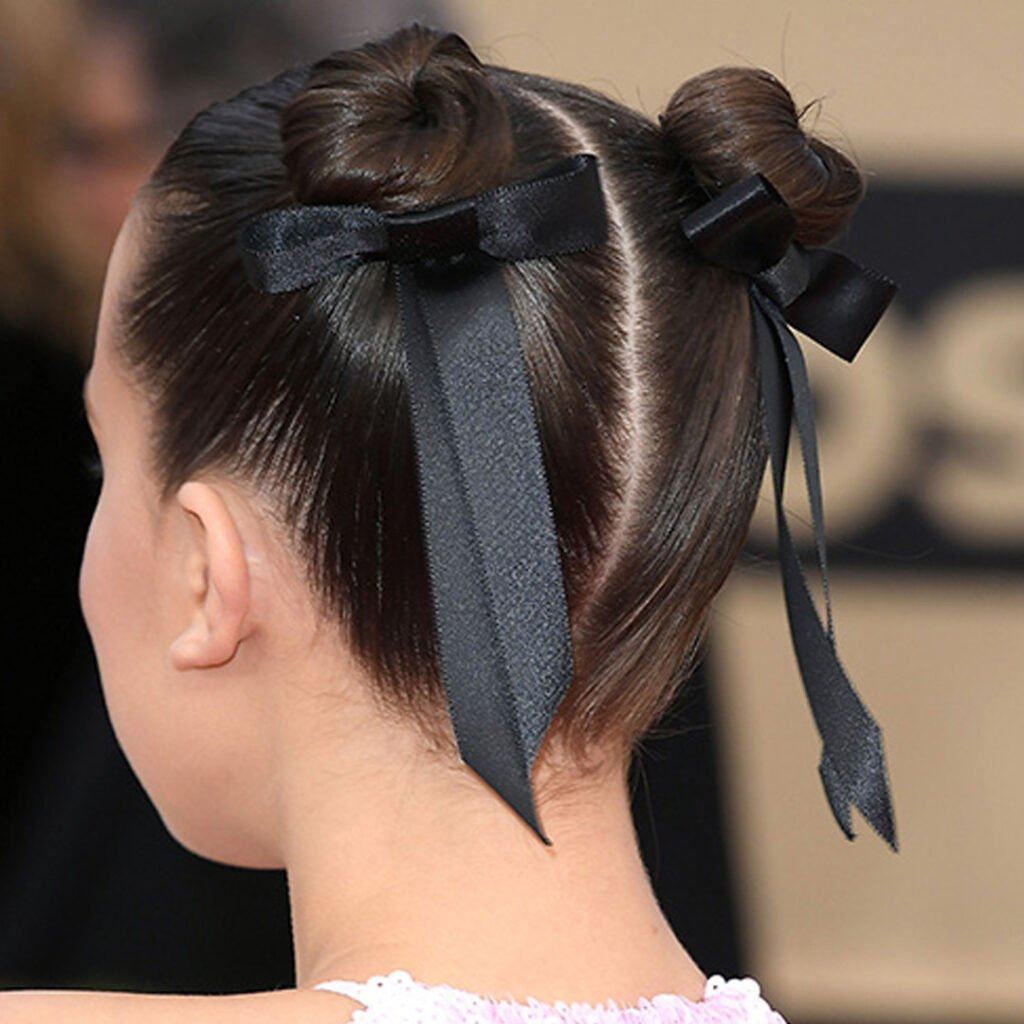 Two Slicked Dark Brown Buns with Ribbons Two Slicked Dark Brown Buns with Ribbons — Ballet Hairstyles