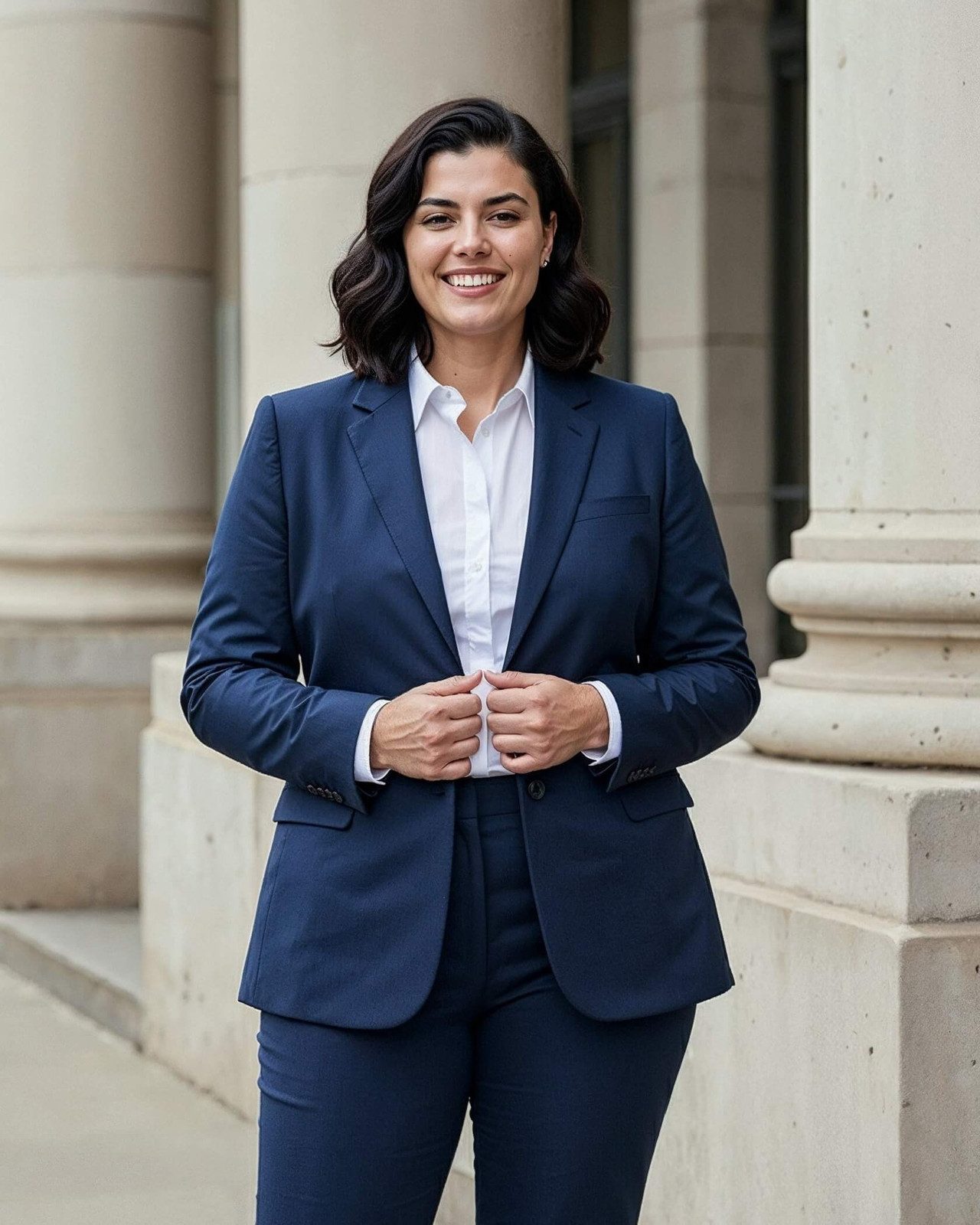 Sharp Business Attire: Fitted Navy Wool Blend Suit — Therapist Outfits