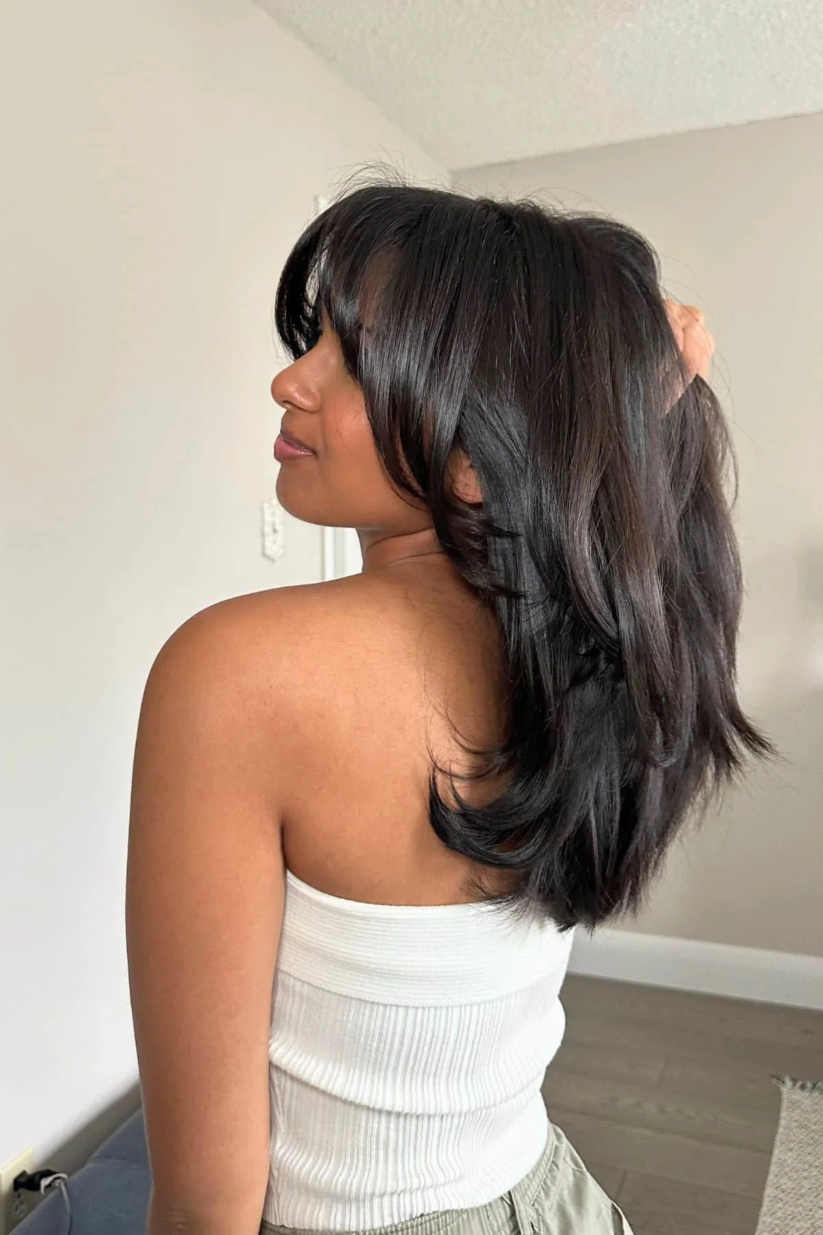 Collarbone Black Butterfly Cut No Bangs — Butterfly Haircut Medium Hair