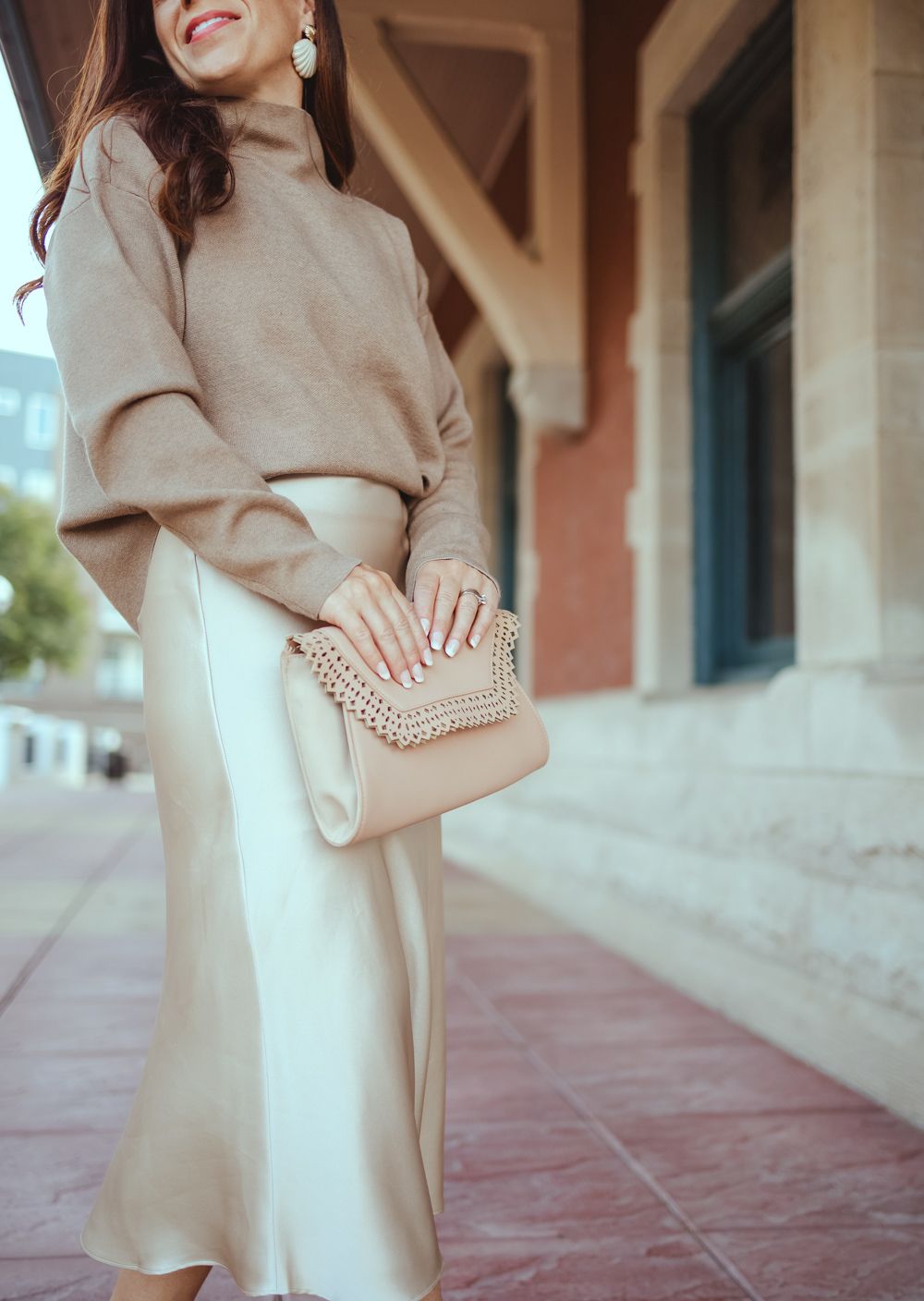 Cream Slip Skirt with Beige Turtleneck and Embellished Clutch — Slip Skirt Outfits